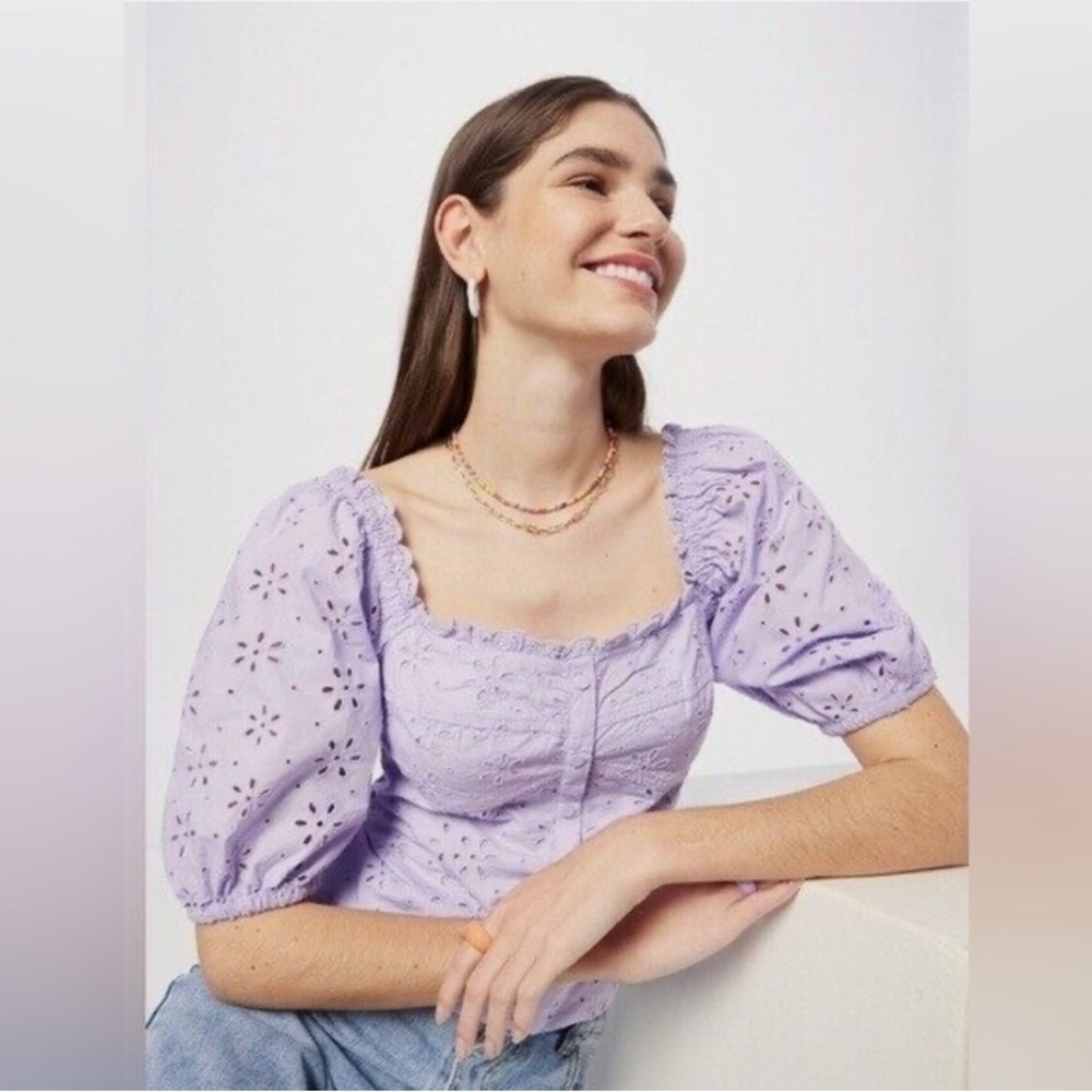 GAP Puff Sleeve Eyelet Shirt in Purple Lotus - Picture 3 of 13